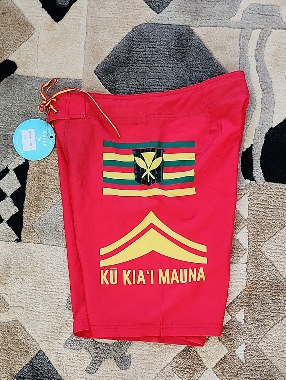 HAWAIIAN FLAG Red Swim Shorts with Bright Yellow 'We Are Mauna Kea' Board Shorts